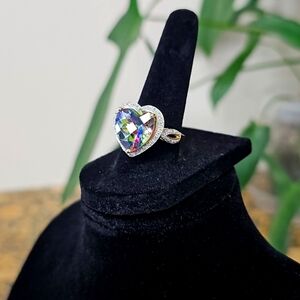 Huge flashy heart shaped Mystic Topaz in 14k gold ring